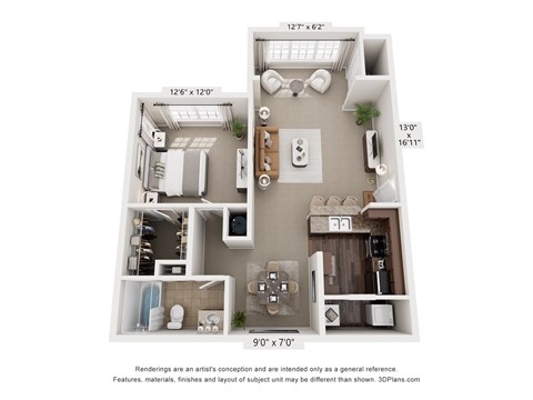 Floor plan for 1 bed, 1 bath, 903 sqft